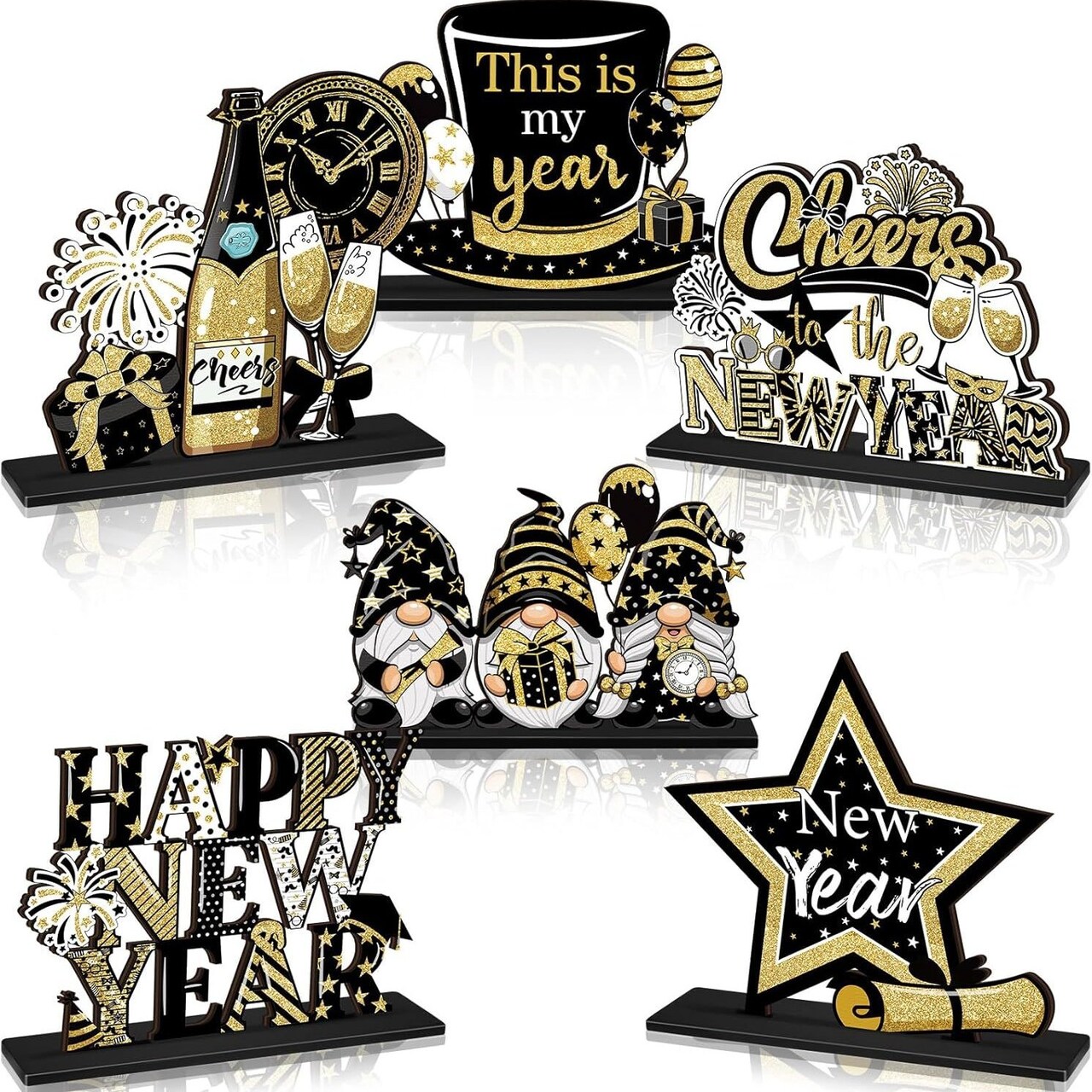 Edge Collections -Black-2026 New Year's Eve Wooden Table Centerpieces-6 pcs